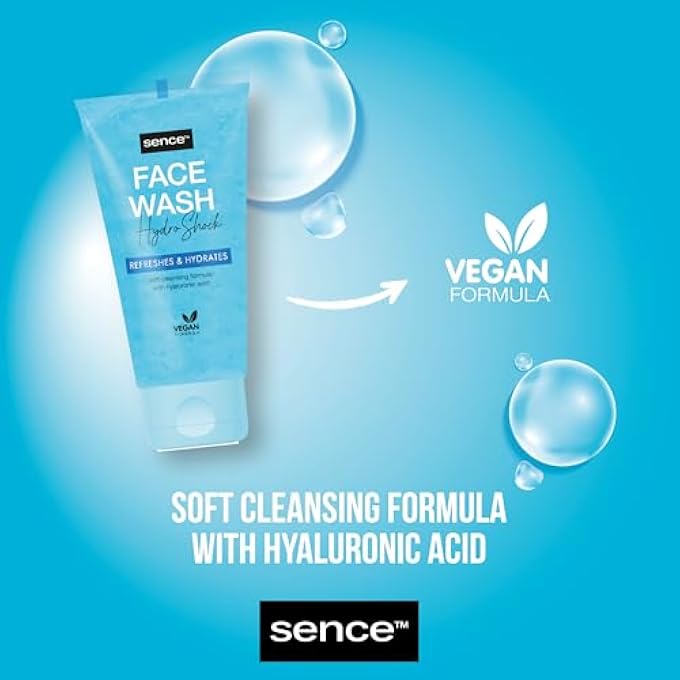 Sence HYDRO SHOCK FACE WASH GEL, BEAUTY FACE WASH FACE CARE, VEGAN COSMETICS WITH CASTOR OIL, GLYCERINE AND PANTHENOL, DAILY FACE CARE FOR MEN AND WOMEN, PACK OF 3 (3 X 150 ML) - Image 4
